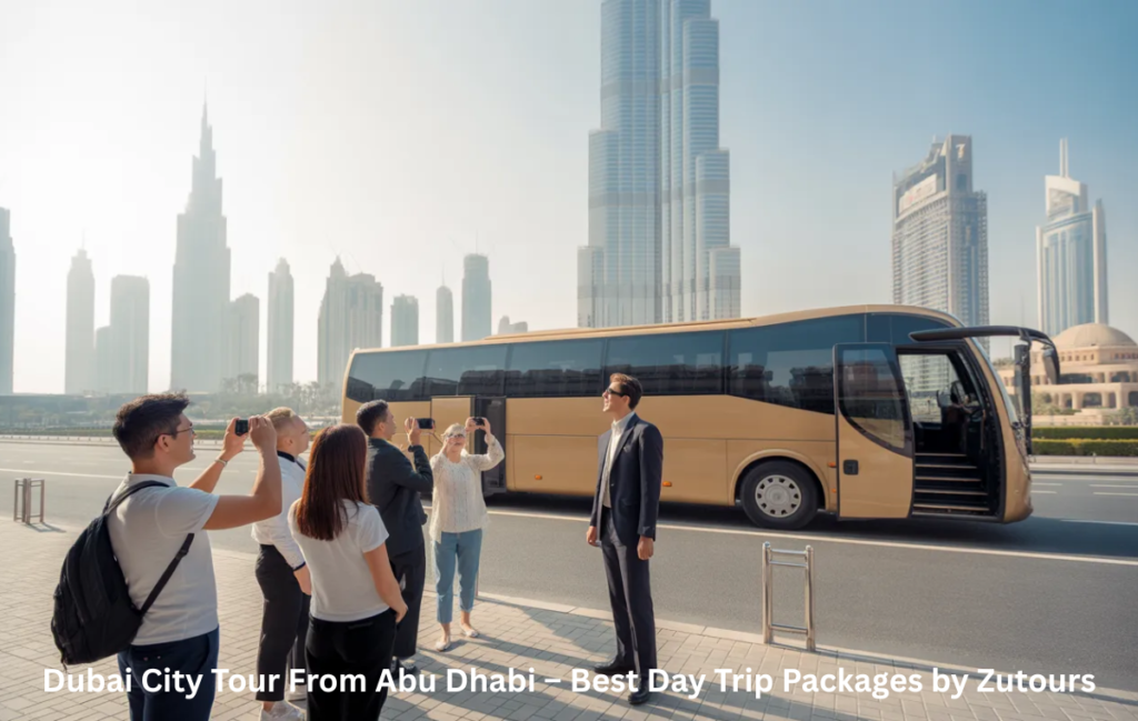 Tour guide leading a Dubai city tour group from Abu Dhabi at Burj Khalifa
