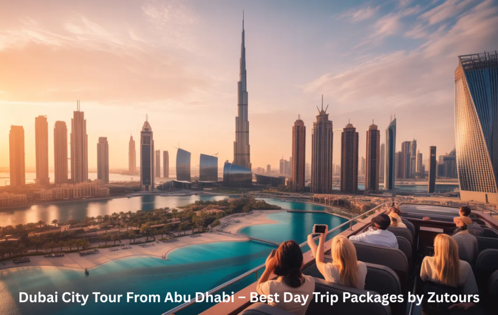 Dubai city tour from Abu Dhabi, Burj Khalifa and tour bus during a day trip from Abu Dhabi
