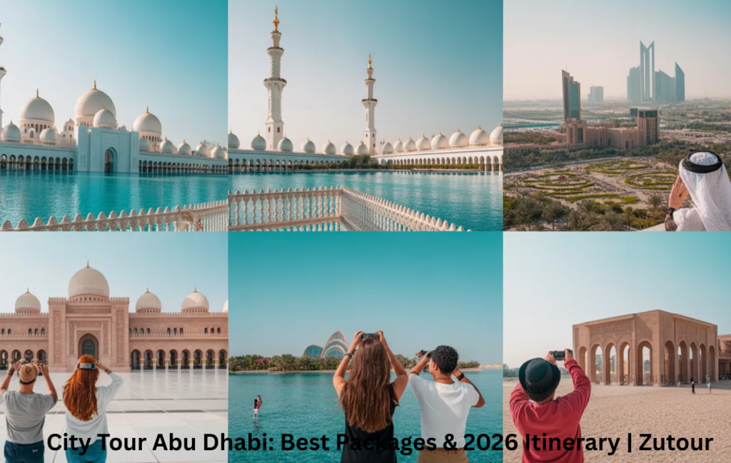 Must-visit Abu Dhabi attractions including Sheikh Zayed Grand Mosque, Emirates Palace, Qasr Al Watan, Louvre Abu Dhabi, and Heritage Village