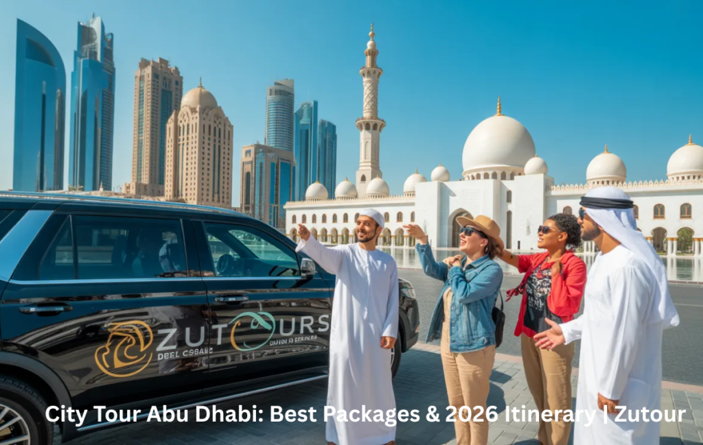 Tourists enjoying guided city tour Abu Dhabi with Zutours luxury vehicle and professional guide
