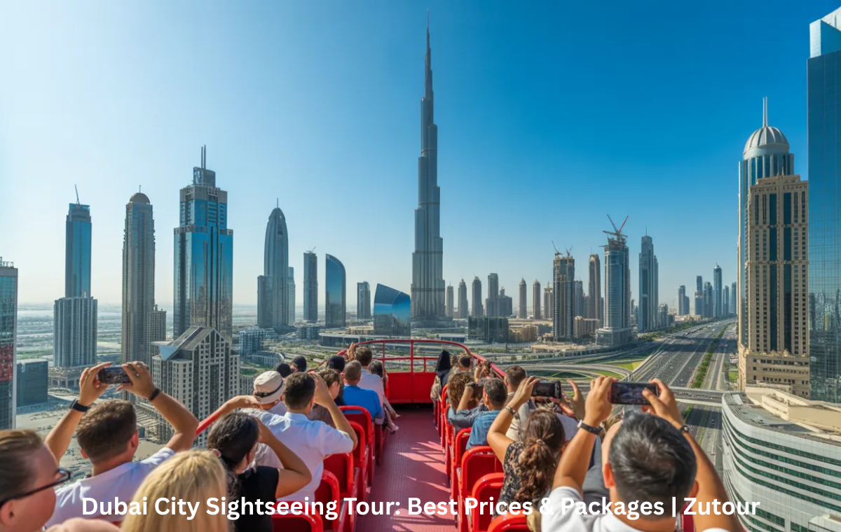 Dubai City Sightseeing Tour with hop on hop off red bus near Burj Khalifa