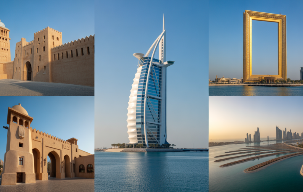 Dubai half-day city tour landmarks including Al Fahidi Fort, Burj Al Arab, Dubai Frame, Palm Jumeirah