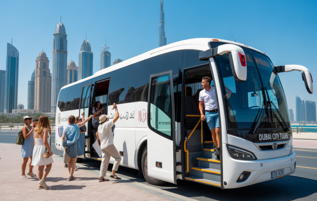 Air-conditioned Dubai half-day city tour bus with tourists boarding