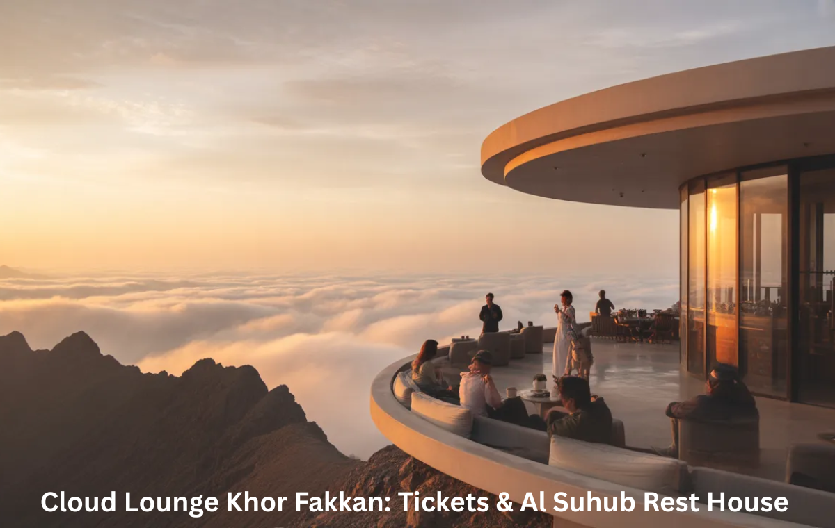 Cloud Lounge Khor Fakkan at Al Suhub Rest House during sunset in UAE mountains
