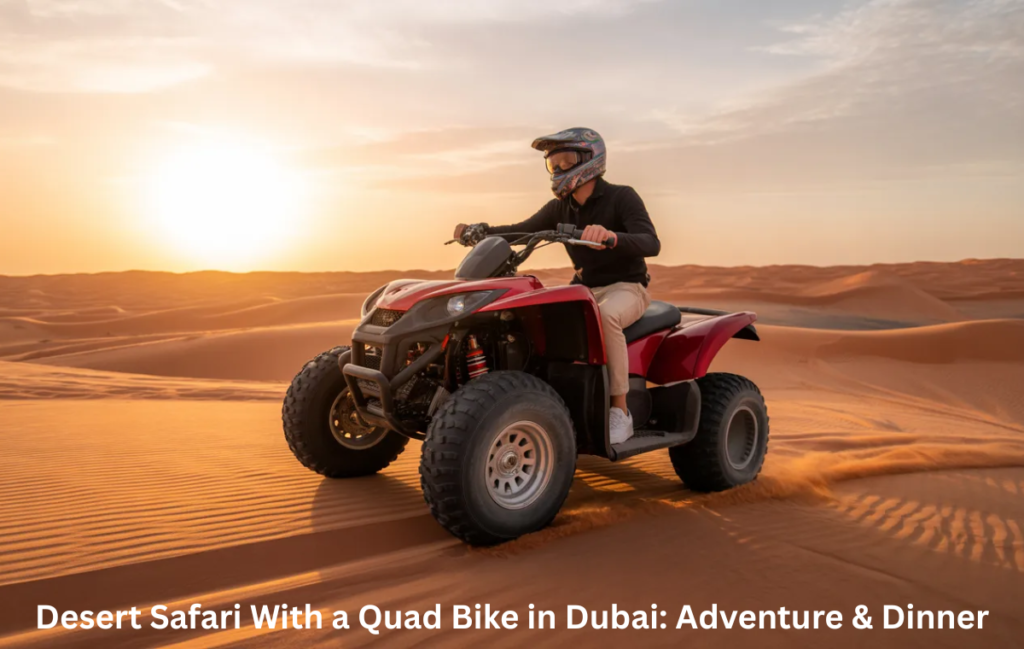 Desert Safari with a Quad Bike in Dubai red dunes at sunset
