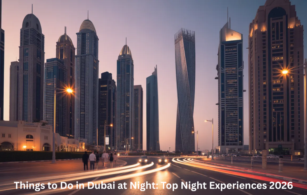 Dubai at night after sunset with illuminated skyline and evening atmosphere