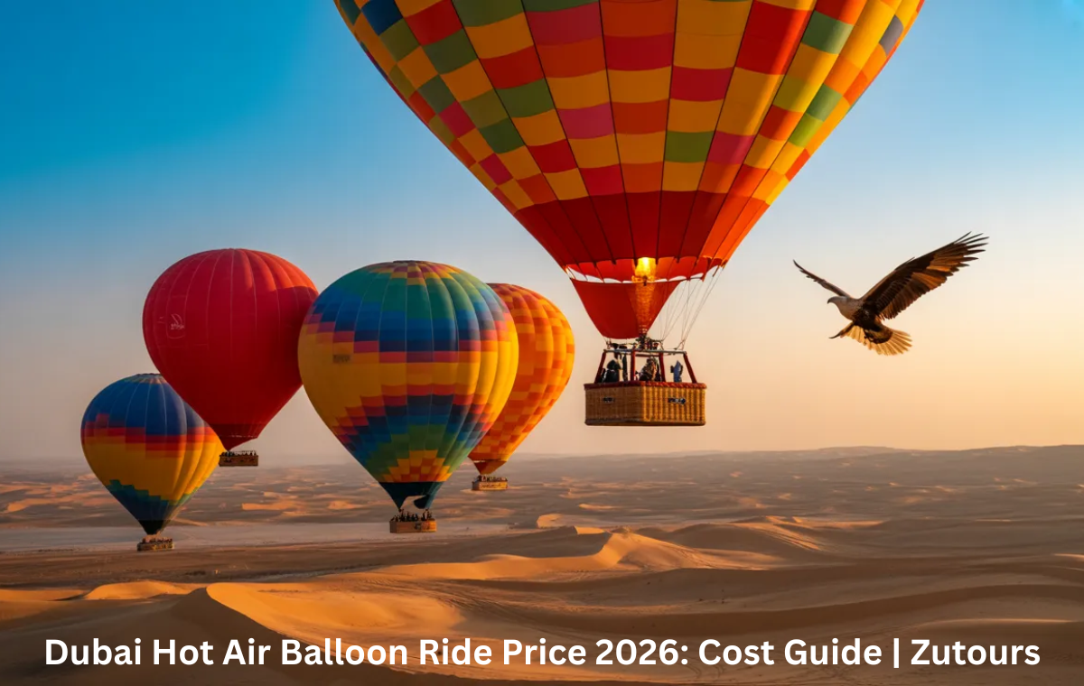 Dubai hot air balloon ride price showing sunrise balloon flight over desert