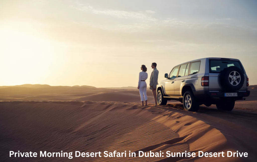 Private morning desert safari Dubai at sunrise with 4x4 Land Cruiser on red dunes