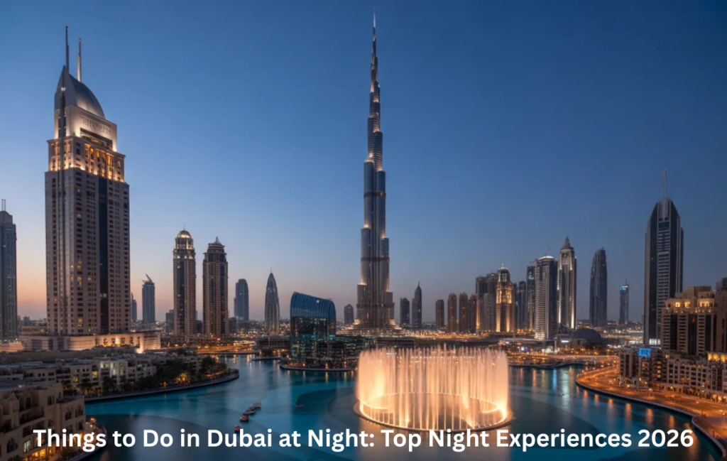 Things to do in Dubai at night with illuminated Burj Khalifa and city skyline