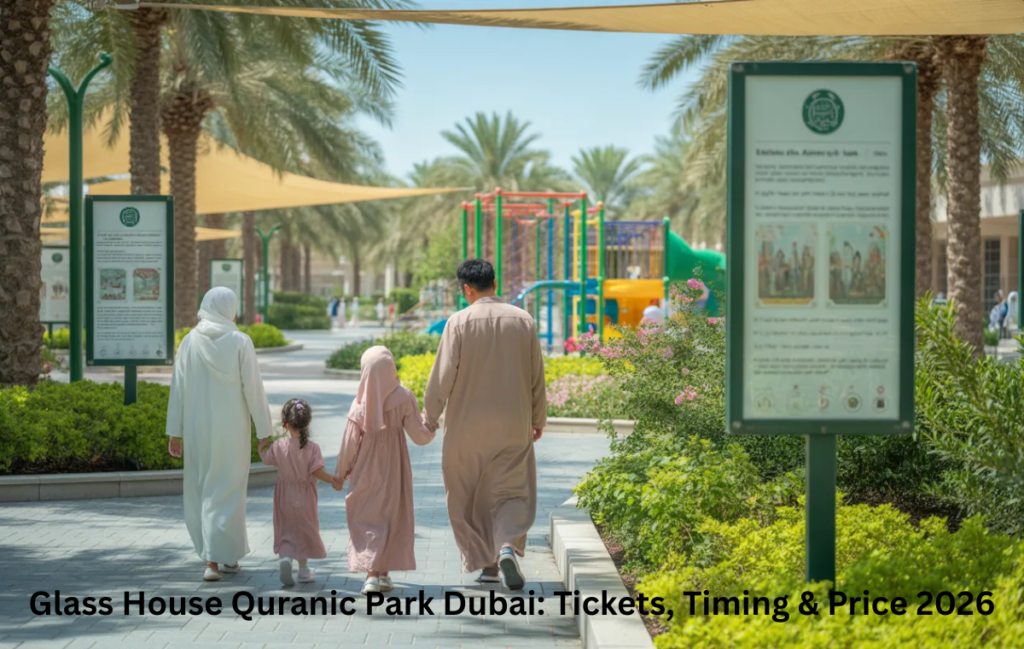 Family visiting Glass House Quranic Park Dubai following dress code rules