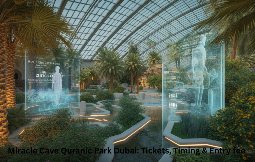 Inside Quranic Park Dubai showing Cave of Miracles and Glass House plants