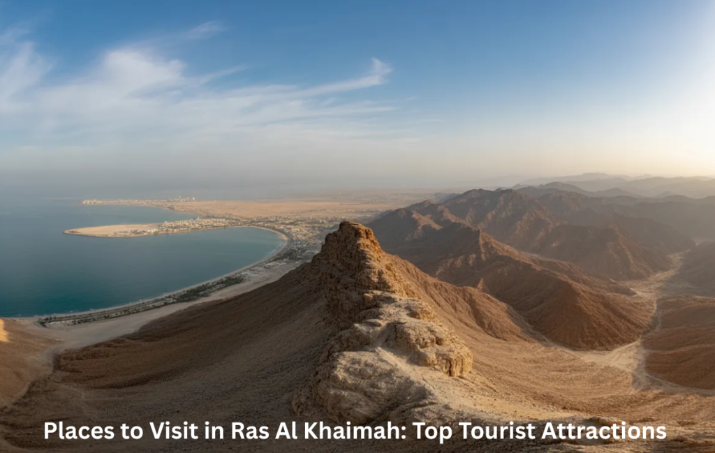 Jebel Jais and coastline showing natural places to visit in Ras Al Khaimah