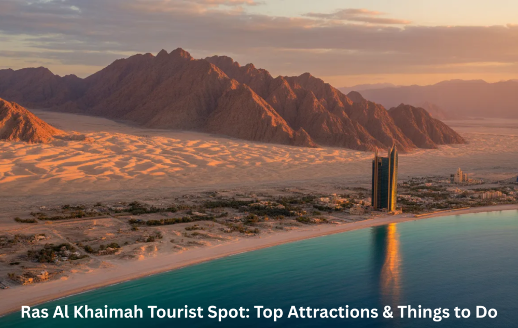 Ras Al Khaimah tourist spot aerial view with mountains and coastline