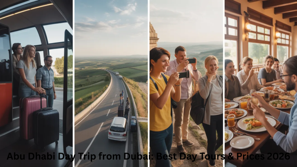 Step-by-step travel journey showing hotel pickup, highway drive, sightseeing, and lunch stop, storytelling style, realistic