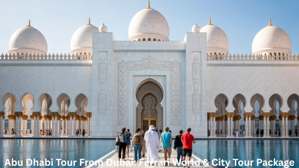 tourists visiting Sheikh Zayed Mosque Abu Dhabi from Dubai tour