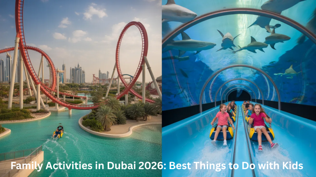 Top family activities in Dubai including theme parks, waterparks, and aquariums