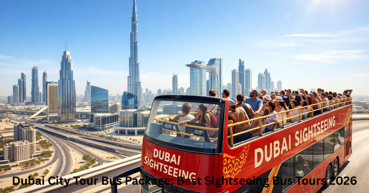 Dubai city tour bus package sightseeing bus near Burj Khalifa with tourists exploring Dubai landmarks