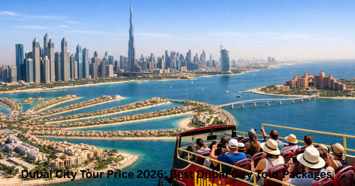 Dubai city tour price guide with sightseeing bus visiting Burj Khalifa and major Dubai landmarks