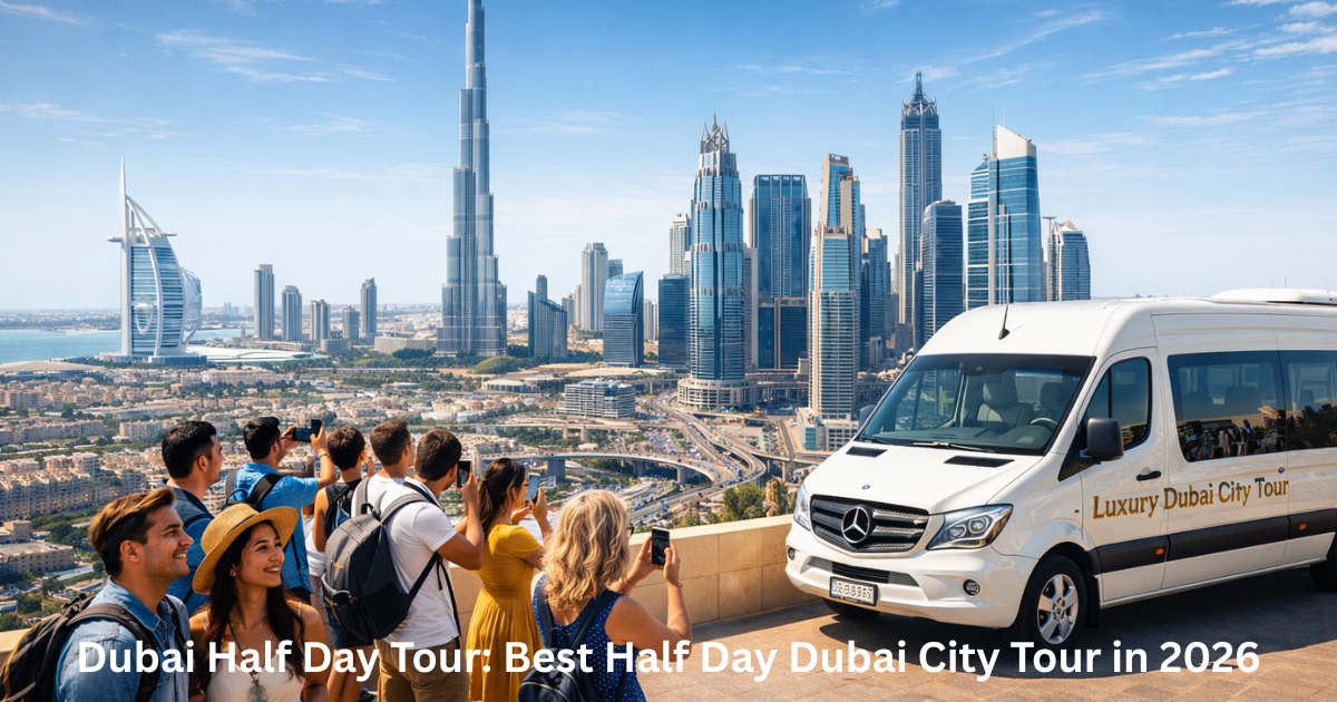 Dubai half day tour sightseeing view with Burj Khalifa skyline and city landmarks