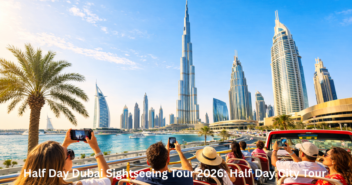 Half day Dubai sightseeing tour with tourists exploring Dubai skyline and Burj Khalifa