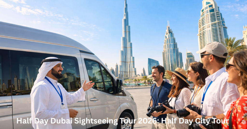 Tour guide welcoming tourists for a half day Dubai sightseeing tour