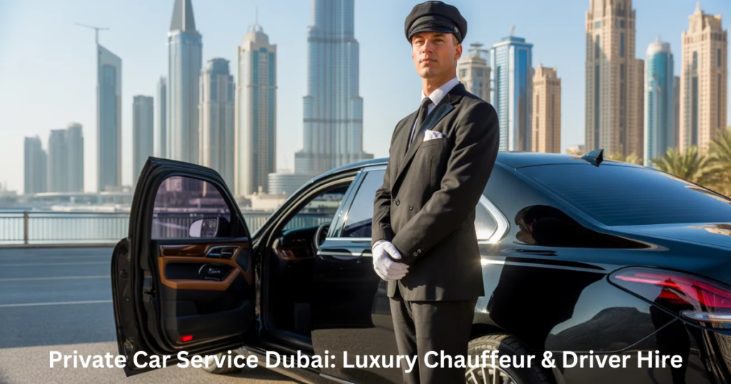 Monthly chauffeur service Dubai professional driver beside luxury car
