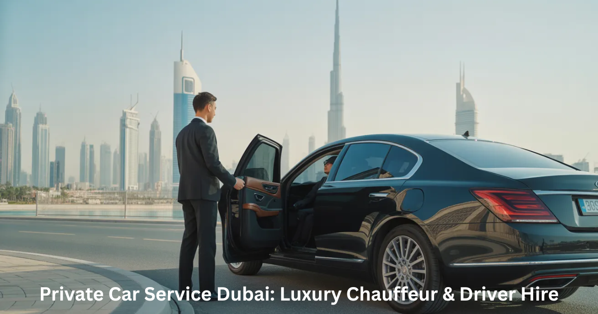 Private car service Dubai with luxury chauffeur and premium sedan near Burj Khalifa
