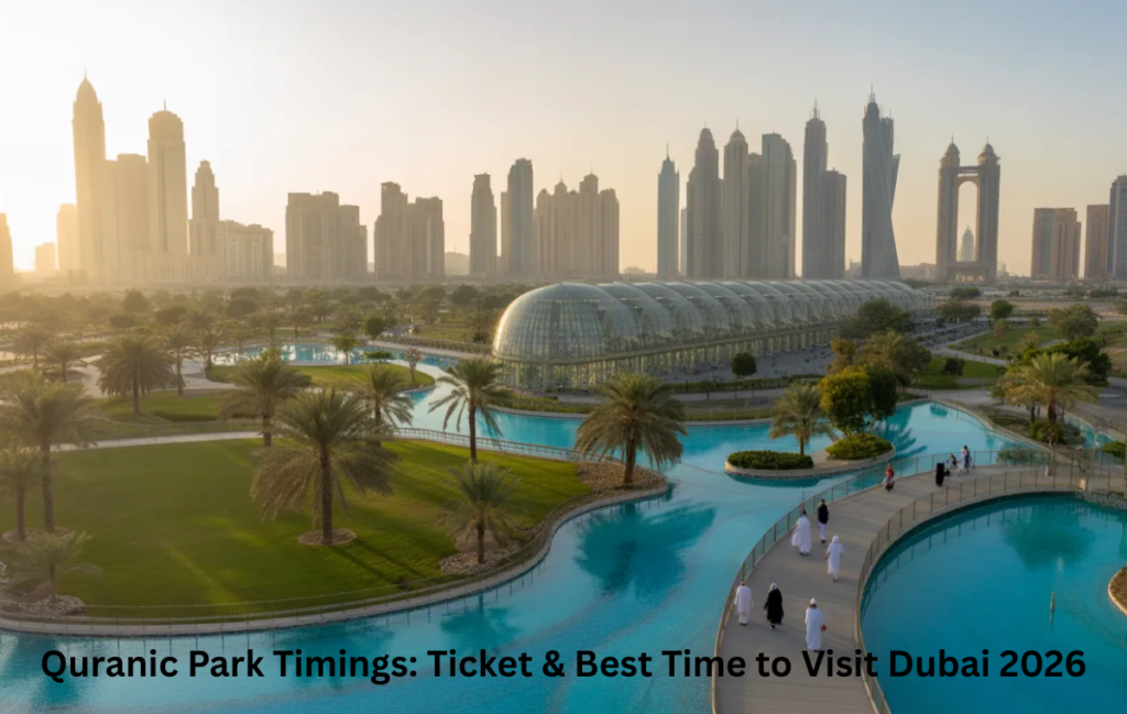 Quranic Park timings overview with Glass House and lake view in Dubai