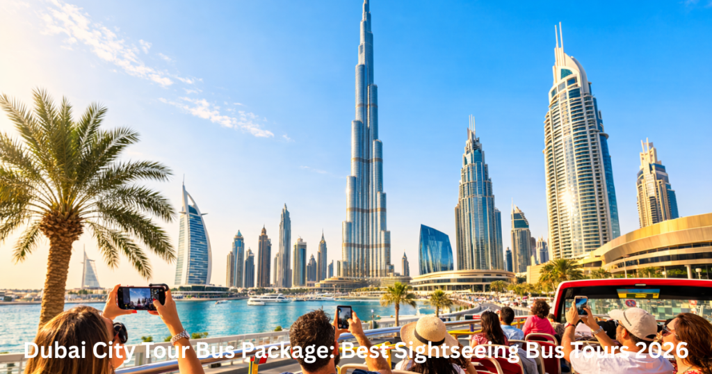 Tourists enjoying Dubai sightseeing bus tour experience