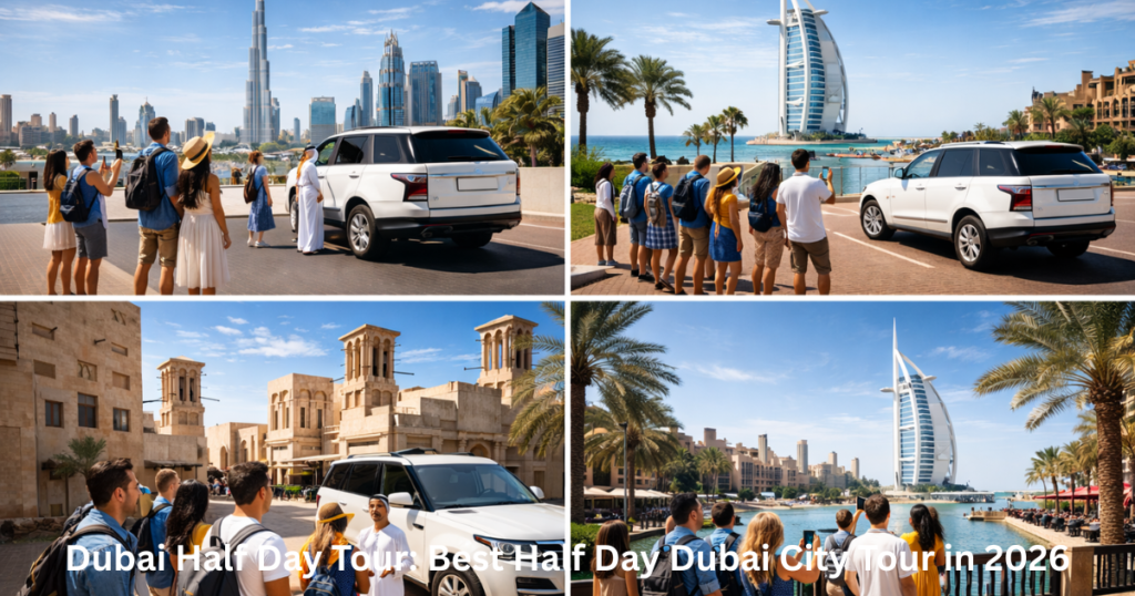 Dubai half day tour itinerary with tourists visiting city landmarks