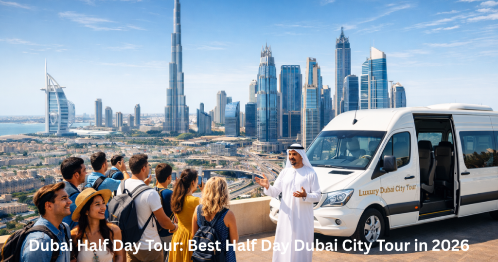 Tourists beginning a Dubai half day sightseeing tour with guide
