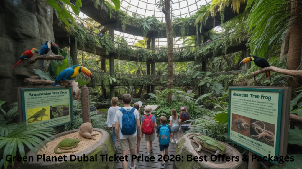 Visitors exploring The Green Planet Dubai rainforest with animals and plants”