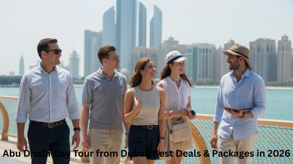 tourists enjoying abu dhabi day tour from dubai with guide