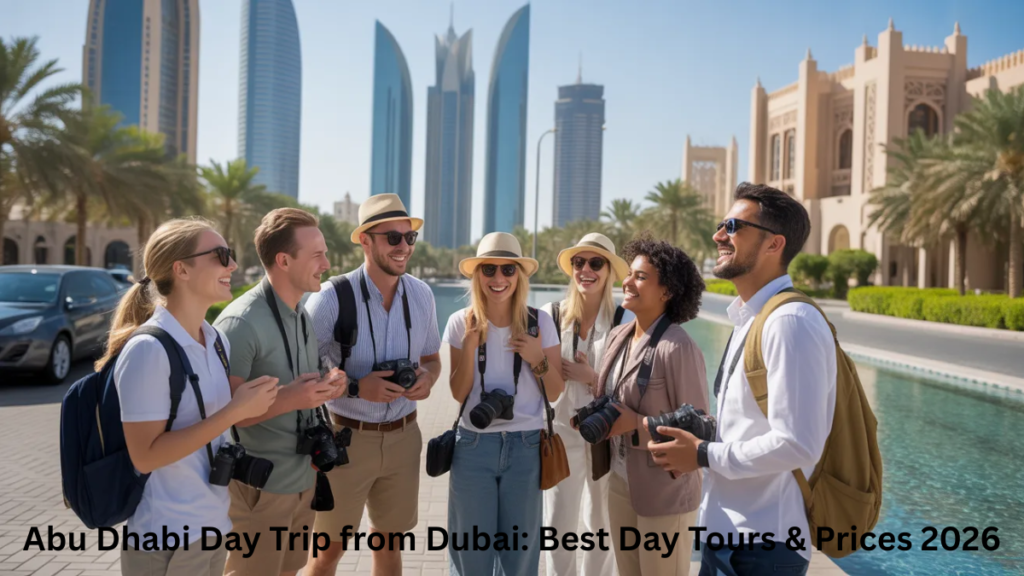 tourists enjoying abu dhabi day tour from dubai