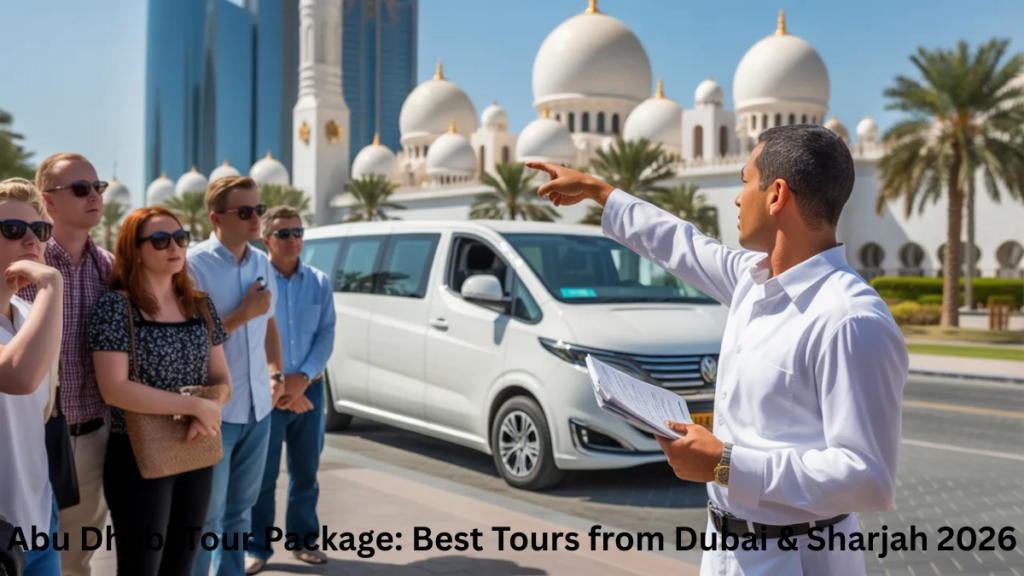 professional Abu Dhabi tour guide with tourists