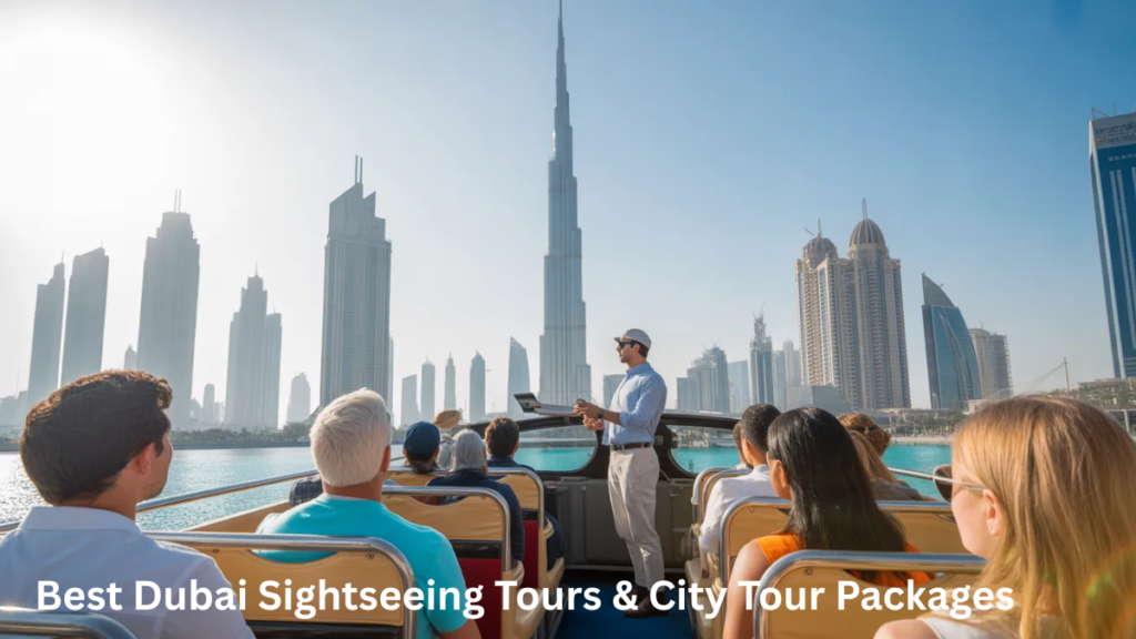 Dubai sightseeing tour bus with tourists exploring Burj Khalifa and city landmarks