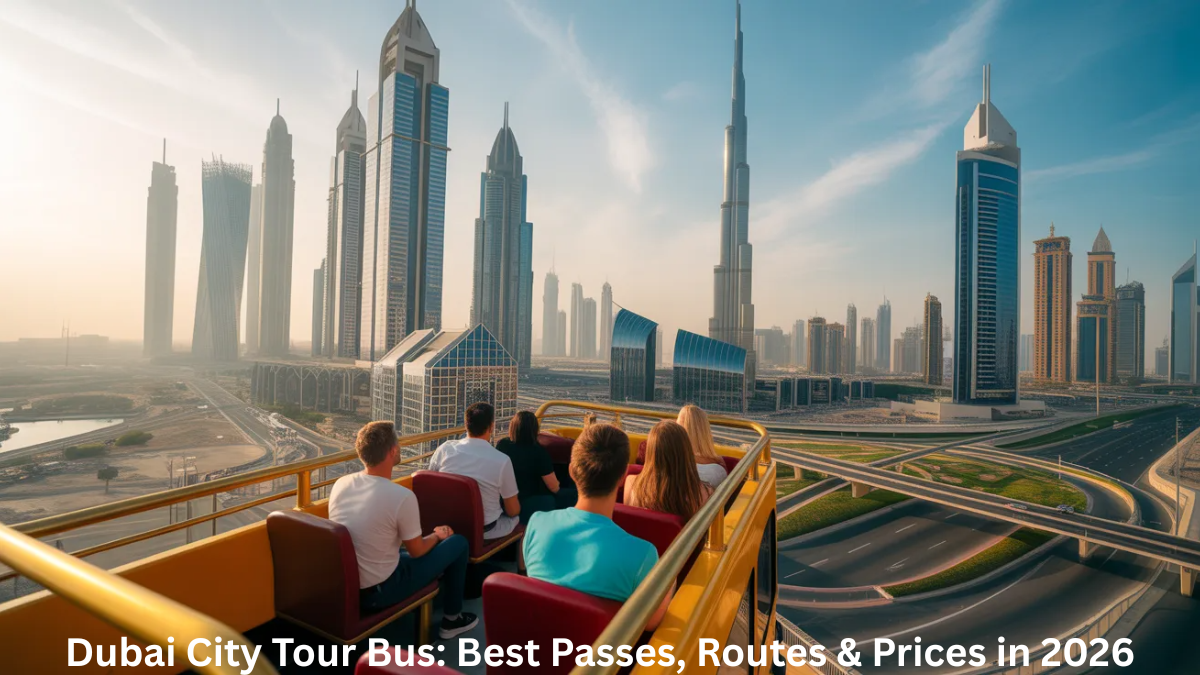 Dubai city tour bus passing Burj Khalifa with tourists on open top deck