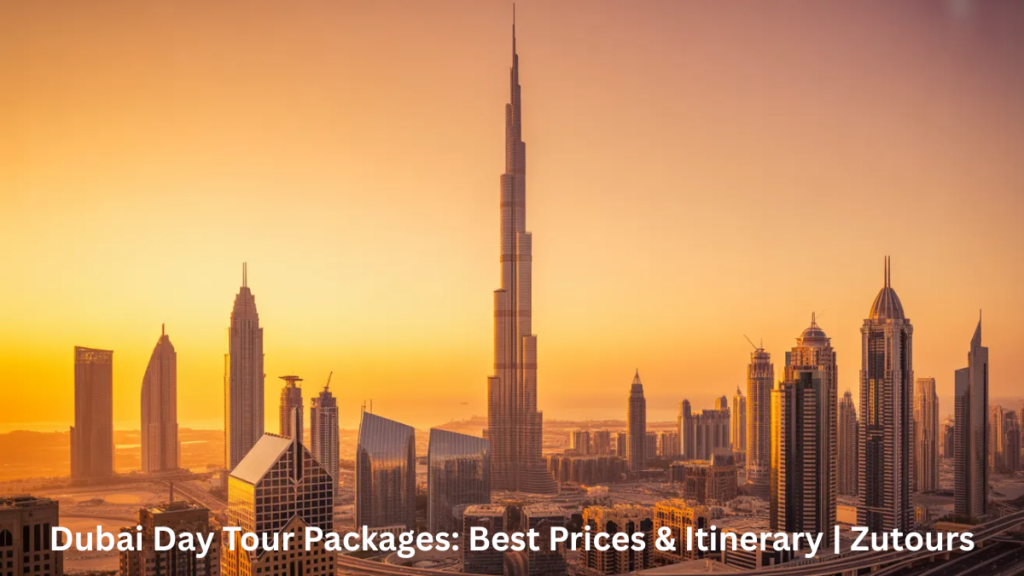 Dubai day tour skyline with Burj Khalifa, Marina and Palm Jumeirah at sunset