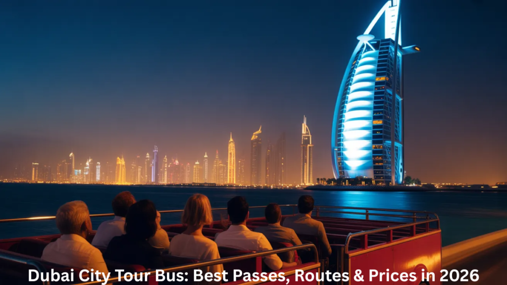 Dubai night bus tour with illuminated skyline