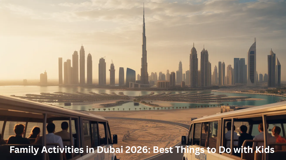 Dubai sightseeing tours showcasing Burj Khalifa, Dubai Marina, and Palm Jumeirah skyline at sunset