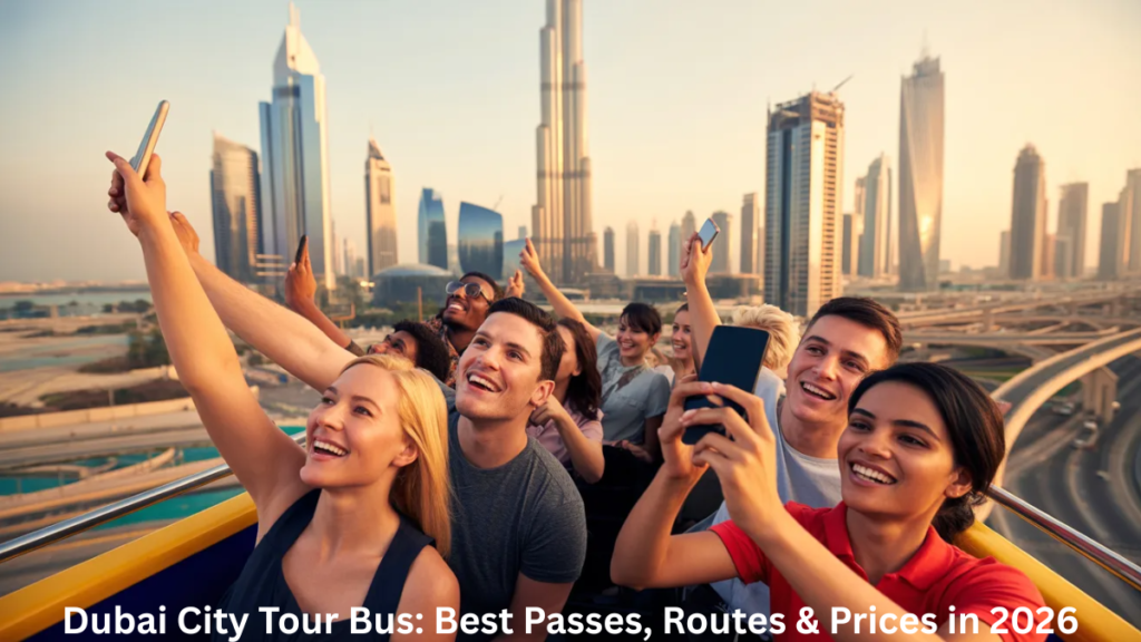 tourists enjoying Dubai city tour bus experience