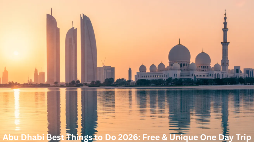 Abu Dhabi skyline and Sheikh Zayed Mosque sunset view