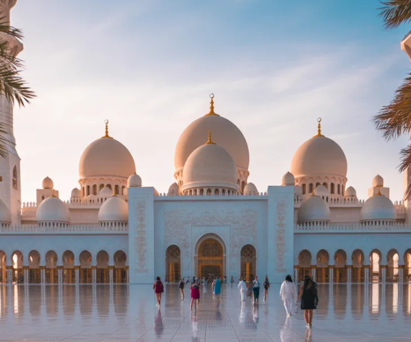 Stunning Sheikh Zayed Grand Mosque in Abu Dhabi with visitors on a city tour from Dubai Marina