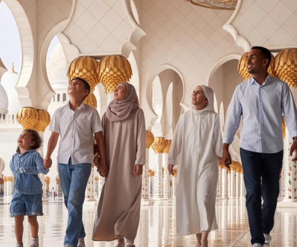 Abu Dhabi Family Sightseeing - Grand Mosque with Kids & Parents Family with children and grandparents exploring Sheikh Zayed Grand Mosque during a private Abu Dhabi family city tour