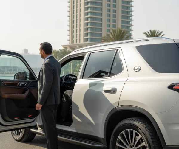 Luxury private SUV ready for Abu Dhabi city tour pickup at Dubai Marina hotel with professional driver