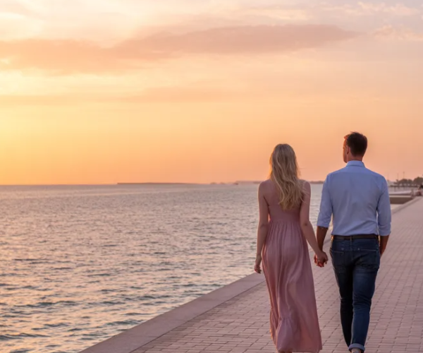Al Marjan Island Sunset Walk - Ras Al Khaimah Couples Tour Couple walking along Al Marjan Island waterfront at sunset during a private romantic tour in Ras Al Khaimah