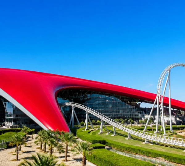 Ferrari World Yas Island photo stop on Abu Dhabi tour from Ras Al Khaimah