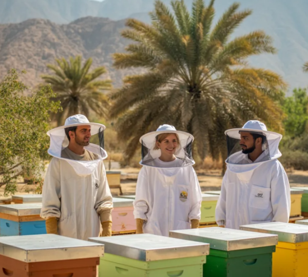 Visitors wearing beekeeper suits at Hatta Honey Bee Discovery Centre with active beehives and Hajar Mountains backdrop