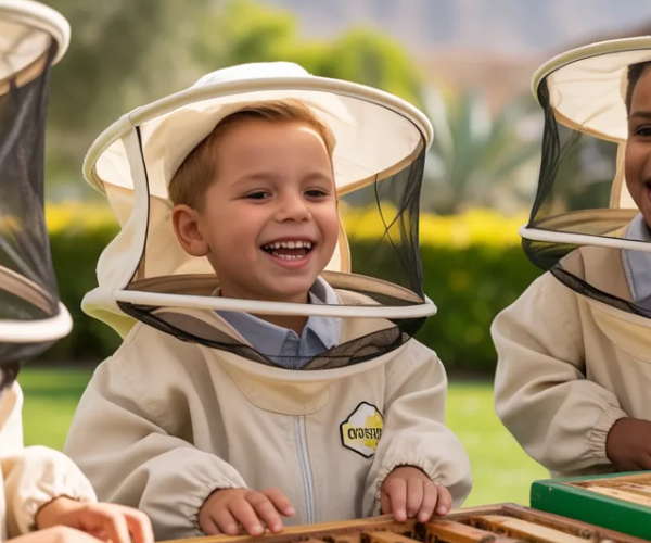 Children wearing beekeeper suits learning about bees at Hatta Honey Bee Discovery Centre family activity area