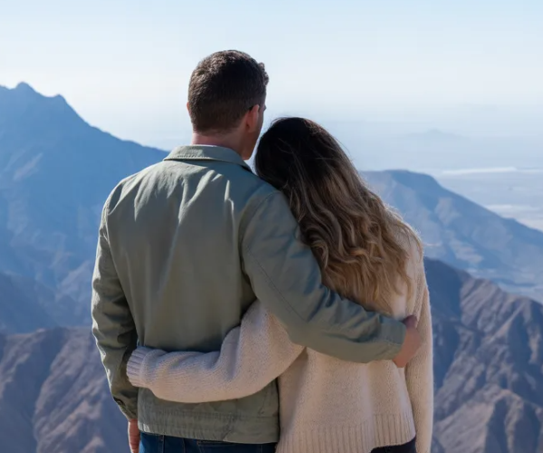 Jebel Jais Romantic Mountain Tour - Ras Al Khaimah Couples Experience Couple enjoying panoramic mountain views from Jebel Jais peak in Ras Al Khaimah on a private romantic tour
